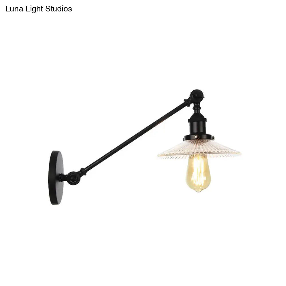 Vintage Clear Glass Ribbed Wall Lamp Saucer - Bronze/Brass/Copper Finish - 1 Light Fixture, 8"/12" L Arm