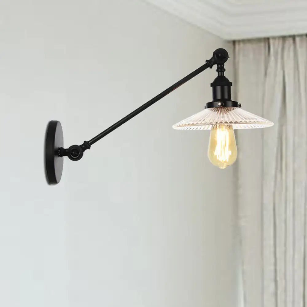 Vintage Clear Glass Ribbed Wall Lamp Saucer - Bronze/Brass/Copper Finish - 1 Light Fixture, 8"/12" L Arm
