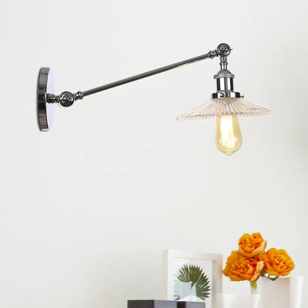 Vintage Clear Glass Ribbed Wall Lamp Saucer - Bronze/Brass/Copper Finish - 1 Light Fixture, 8"/12" L Arm