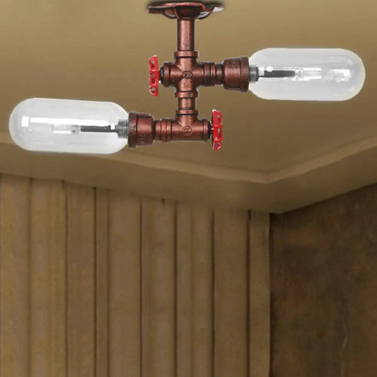 Vintage Clear Glass Semi Flush Light for Living Room with Weathered Copper Finish - 2-Light Ceiling Lighting
