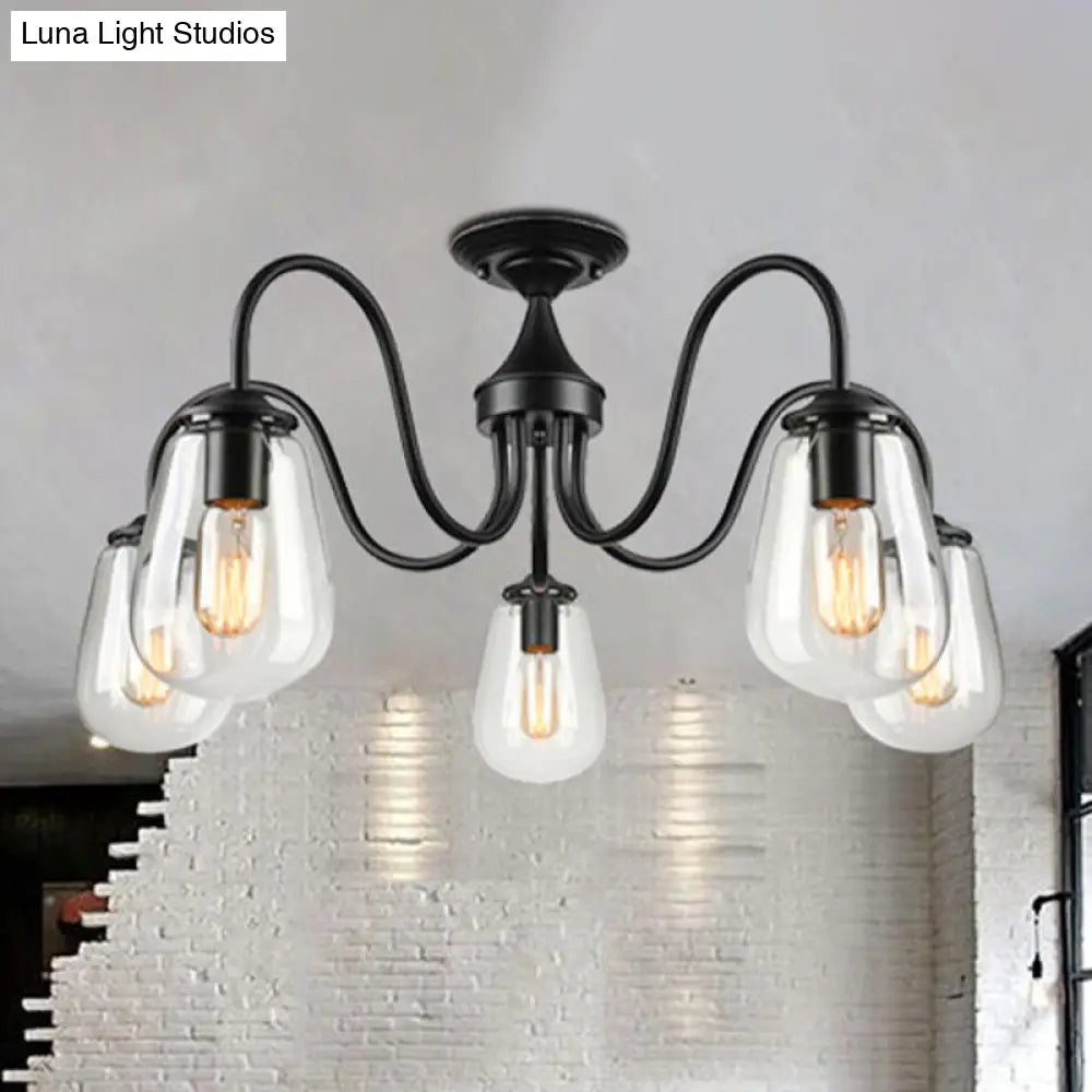 Vintage Clear Glass Semi-Flush Mount Ceiling Light with 5 Bulb Shades for Living Room in Black
