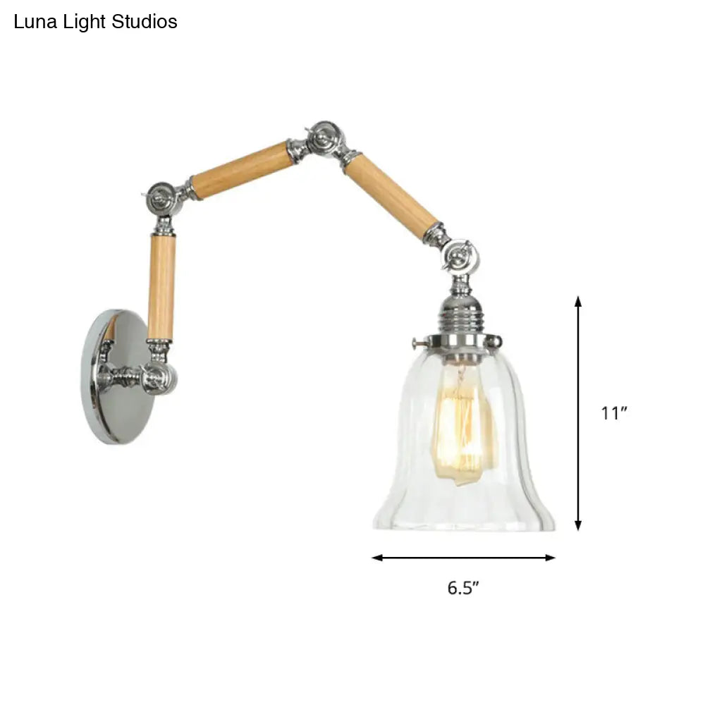 Vintage Clear Glass Wall Mounted Lamp - Flared Single Bulb Sconce Light with Extendable Wooden Arm