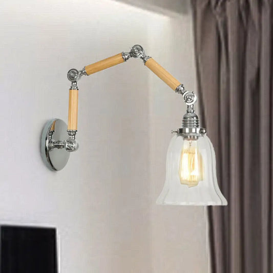 Vintage Clear Glass Wall Mounted Lamp - Flared Single Bulb Sconce Light with Extendable Wooden Arm