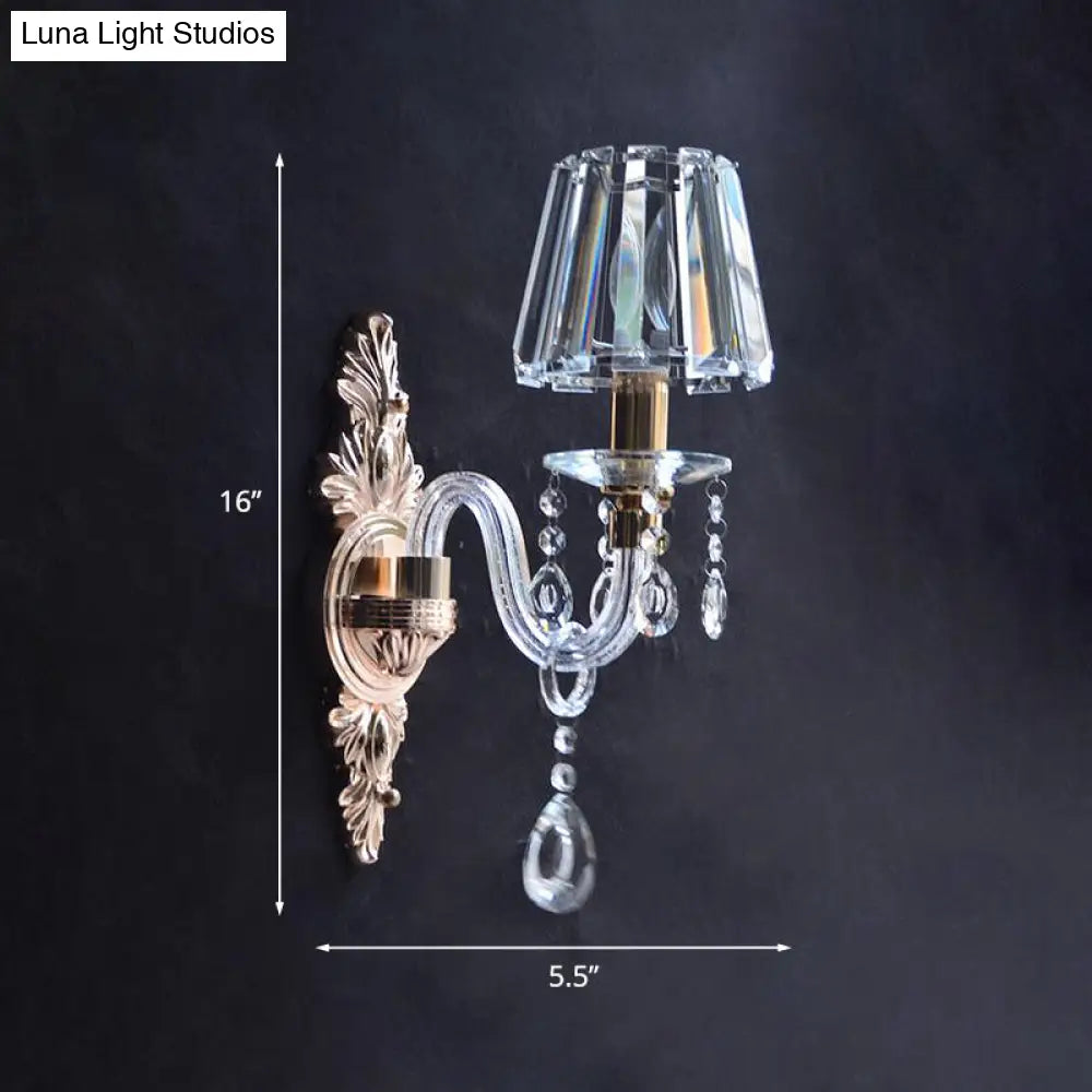 Vintage Clear Prismatic Crystal Cone Wall Lamp - Family Room Wall Light Fixture with Curved Tube Glass Arm