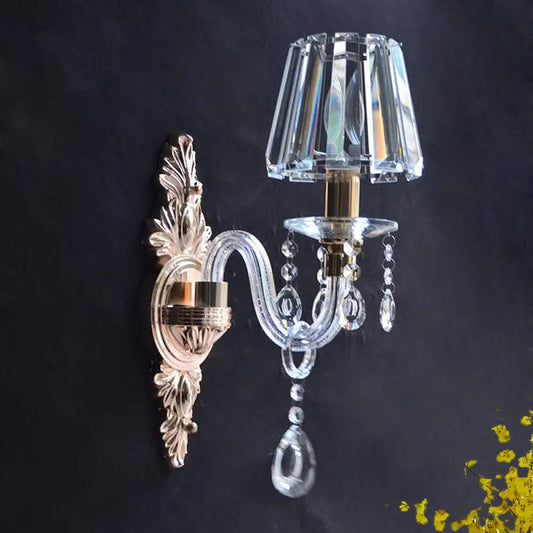 Vintage Clear Prismatic Crystal Cone Wall Lamp - Family Room Wall Light Fixture with Curved Tube Glass Arm