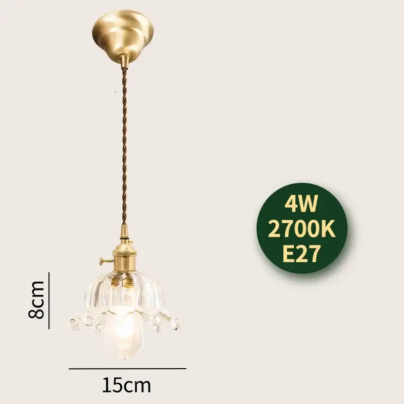 Vintage clear and red glass pendant light with brass finish and petal-shaped shade featuring twisted cord decorbites glass lamp
