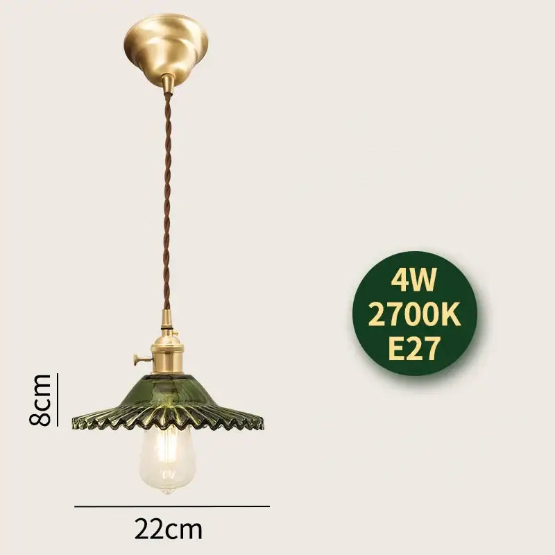 Vintage clear and red glass pendant light kitchen brass fixture featuring a scalloped green glass shade and exposed bulb decorbites glass lamp