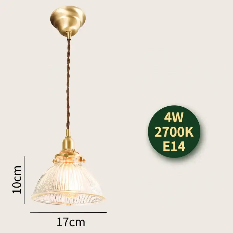 Vintage-style brass pendant light with clear ribbed glass shade and twisted brown cord by decorbites glass lamp