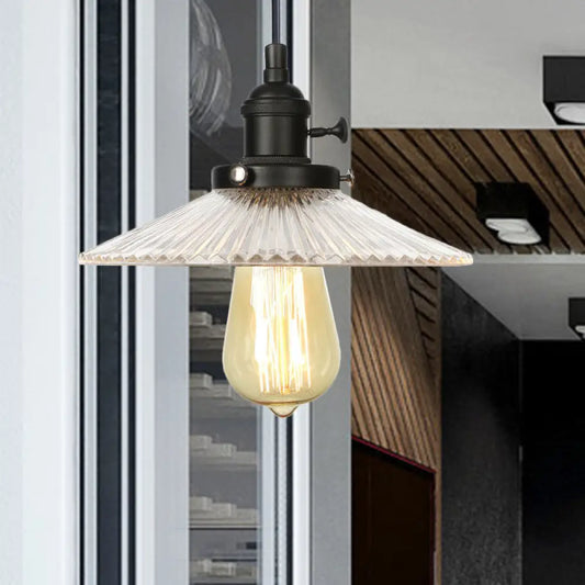 Vintage Clear Ribbed Glass Saucer Pendant Lighting for Coffee Shops - Black/Bronze/Brass Finish