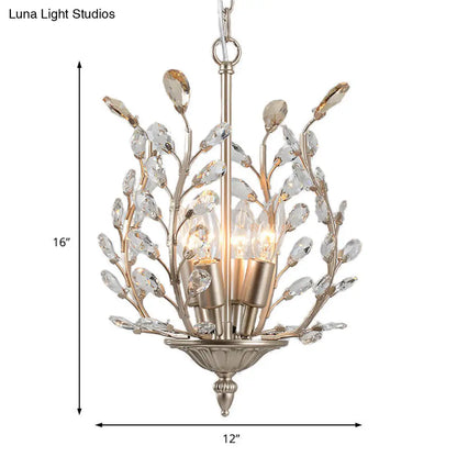 Lámpara de araña vintage de cristal transparente en forma de lágrima - Diseño de hojas, 4 luces - Lámpara colgante de techo color champán