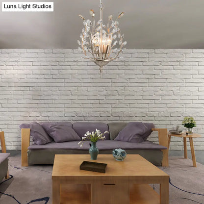 Lámpara de araña vintage de cristal transparente en forma de lágrima - Diseño de hojas, 4 luces - Lámpara colgante de techo color champán