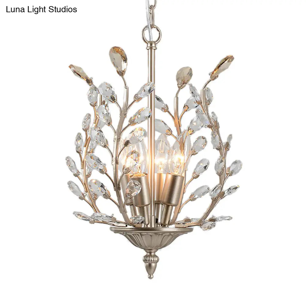 Lámpara de araña vintage de cristal transparente en forma de lágrima - Diseño de hojas, 4 luces - Lámpara colgante de techo color champán