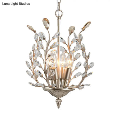 Lámpara de araña vintage de cristal transparente en forma de lágrima - Diseño de hojas, 4 luces - Lámpara colgante de techo color champán