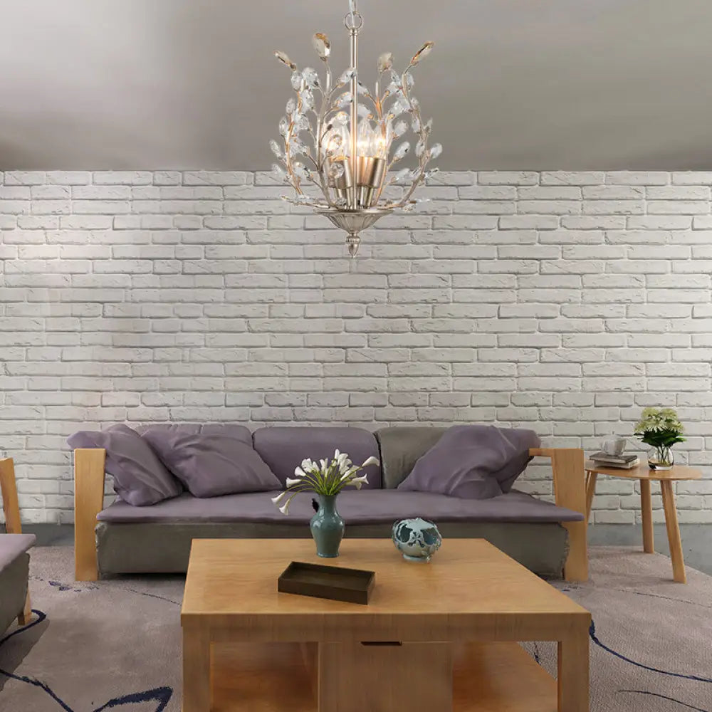 Lámpara de araña vintage de cristal transparente en forma de lágrima - Diseño de hojas, 4 luces - Lámpara colgante de techo color champán