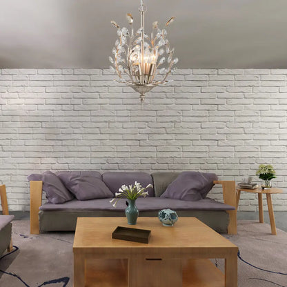 Lámpara de araña vintage de cristal transparente en forma de lágrima - Diseño de hojas, 4 luces - Lámpara colgante de techo color champán