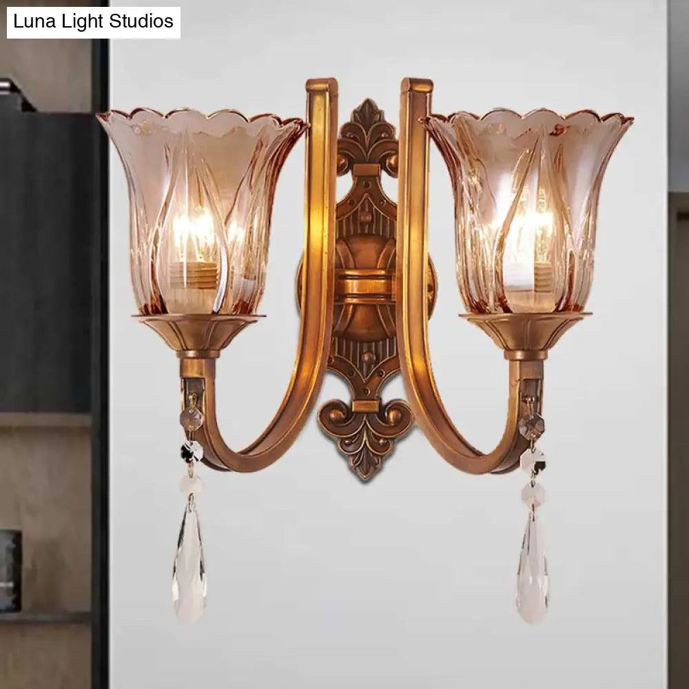 Vintage Cognac Glass Flower Wall Light with Brass Sconce, Crystal Drop - 1/2 Heads