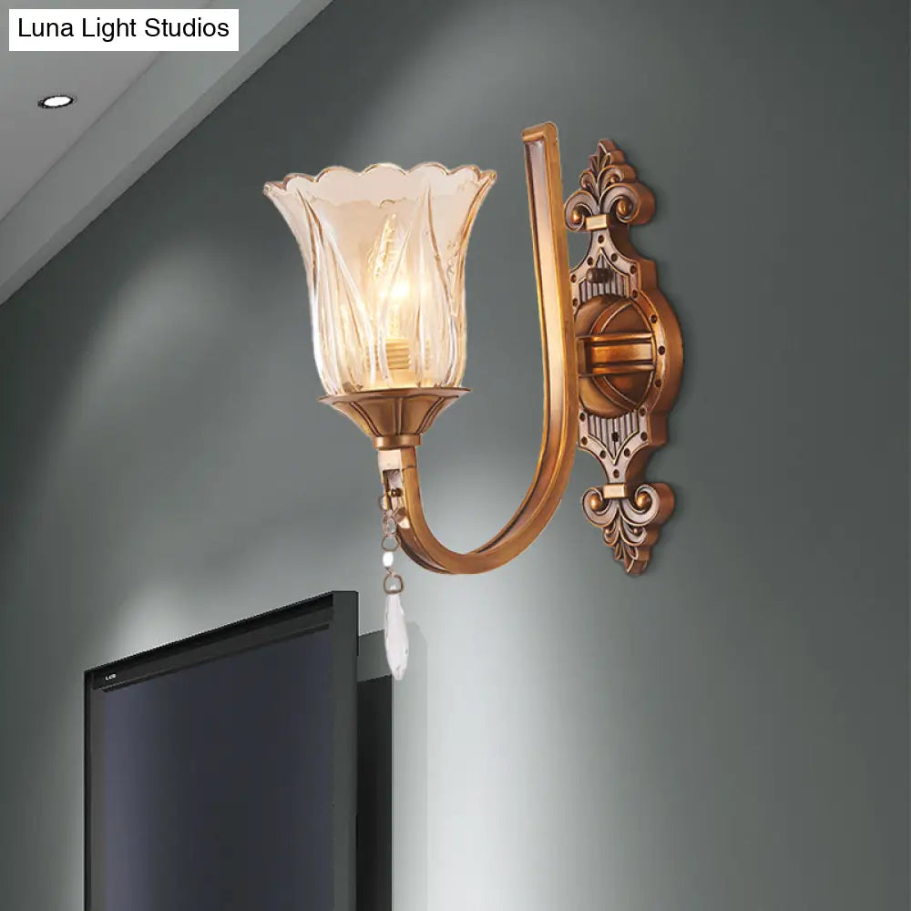Vintage Cognac Glass Flower Wall Light with Brass Sconce, Crystal Drop - 1/2 Heads