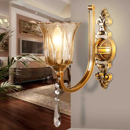 Vintage Cognac Glass Flower Wall Light with Brass Sconce, Crystal Drop - 1/2 Heads