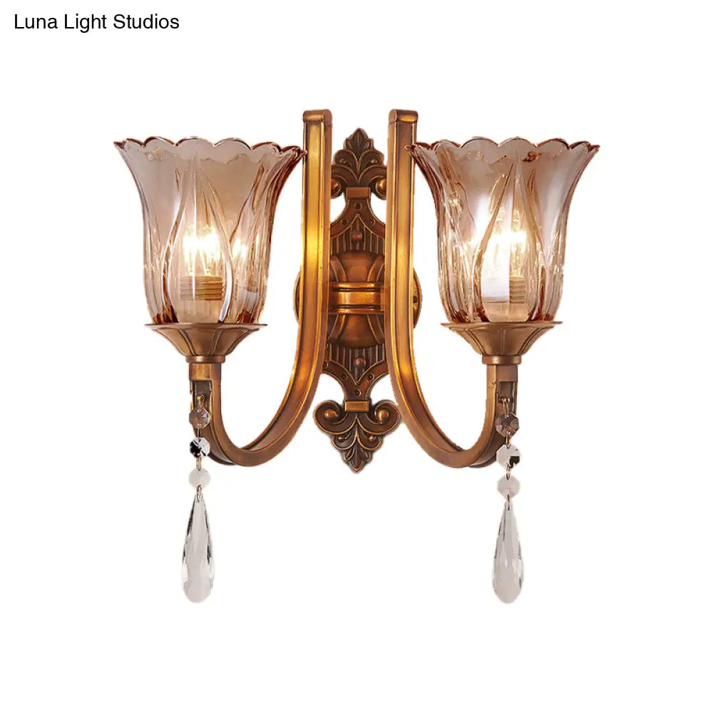 Vintage Cognac Glass Flower Wall Light with Brass Sconce, Crystal Drop - 1/2 Heads
