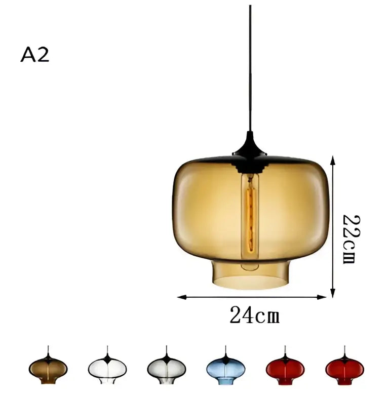 Vintage colorful glass chandelier light featuring amber glass pendant with vintage filament bulb and black metal fixture