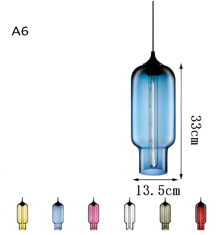 Vintage colorful glass chandelier light featuring a blue glass pendant with black top and visible filament decorbites colorful glass
