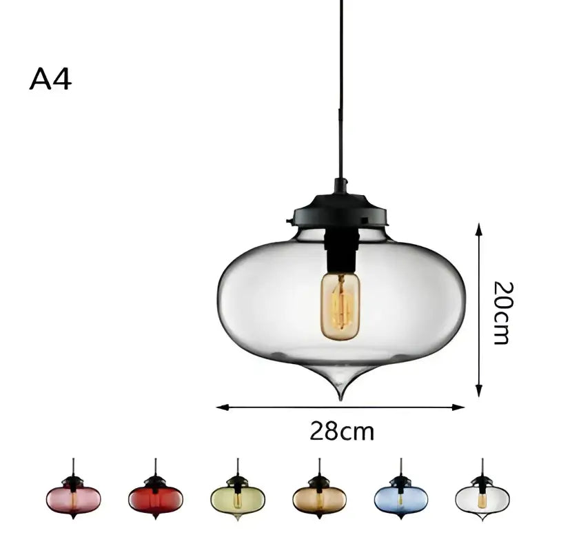 Vintage colorful glass chandelier light featuring a clear glass pendant with black metal fixture and exposed filament bulb