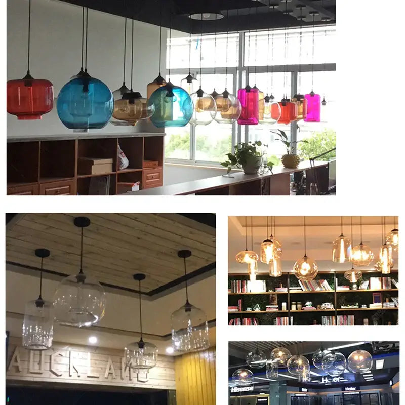 Vintage colorful glass chandelier light featuring spherical and cylindrical decorbites colorful glass pendants for living room decor