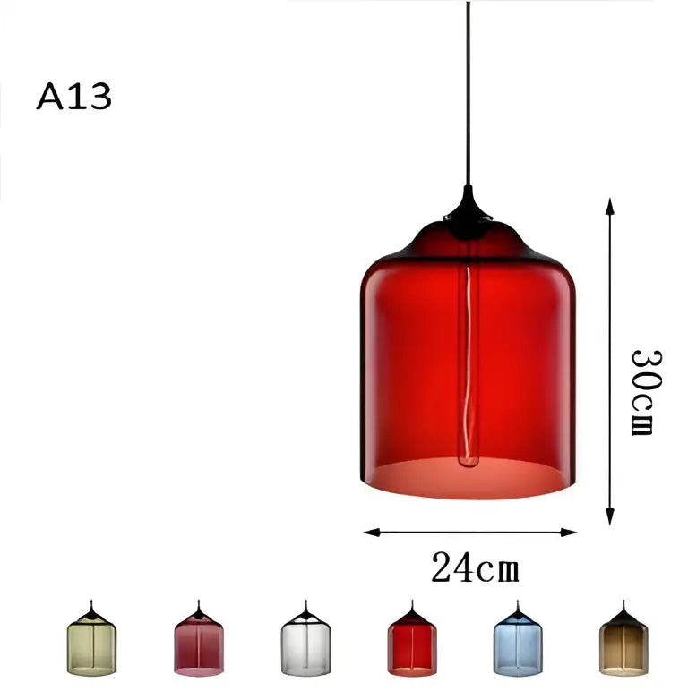 Vintage colorful glass chandelier light featuring a red glass pendant with sleek cylindrical design and black metal hardware