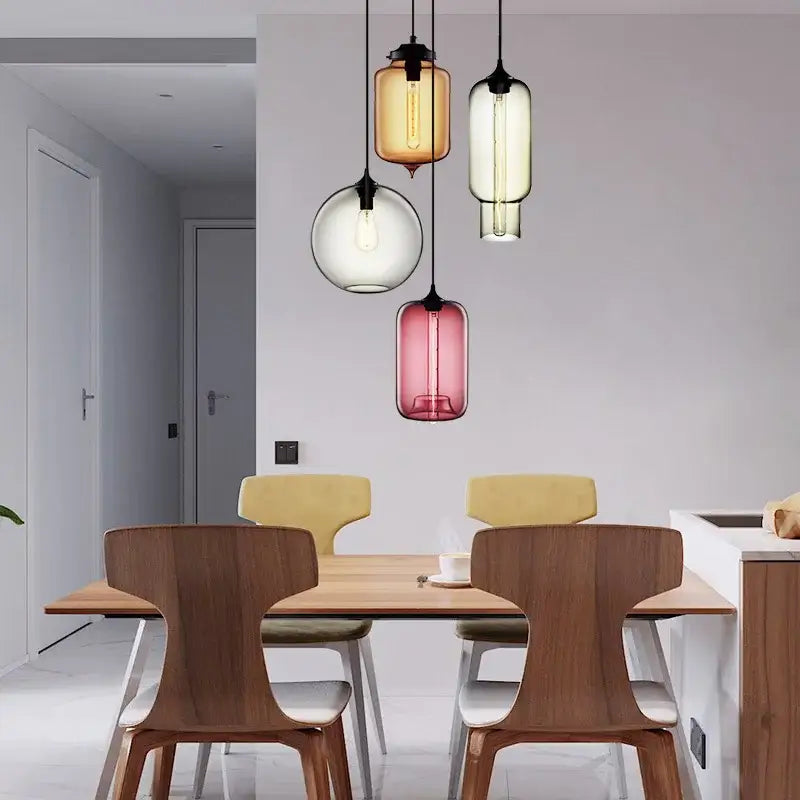 Vintage colorful glass chandelier light featuring five amber clear and pink glass pendant lights for living room decorbites colorful glass