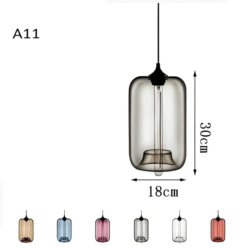 A sleek cylindrical glass chandelier light with dark smoked finish and exposed filament bulb for living room decorbites colorful glass