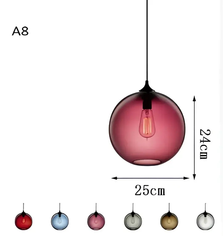 A sleek spherical colorful glass chandelier light with translucent pink globe and exposed filament bulb for living room decorbites