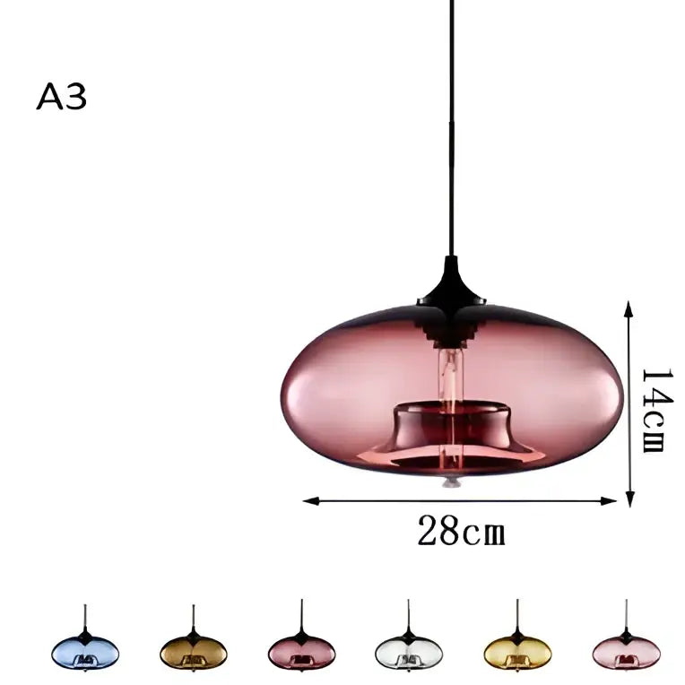 A sleek oval vintage colorful glass chandelier light with a translucent pink glass shade and exposed filament bulb