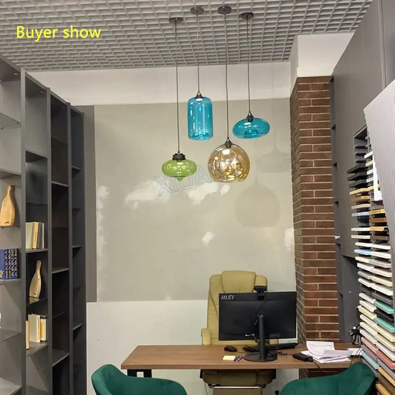 Vintage colorful glass chandelier light with three hanging pendant lights in blue green and gold for living room decorbites colorful glass
