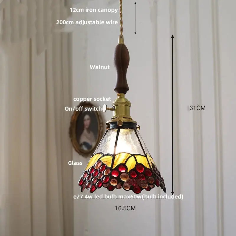 Vintage colorful glass tiffany pendant lamp with walnut iron canopy and copper socket featuring red yellow grape design decorbites colorful glass