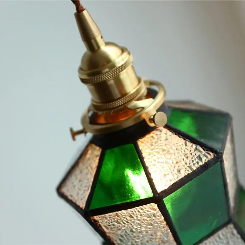 Vintage colorful glass tiffany pendant lamp with brass fixture and emerald green geometric panels for dining room decorbites colorful glass decor