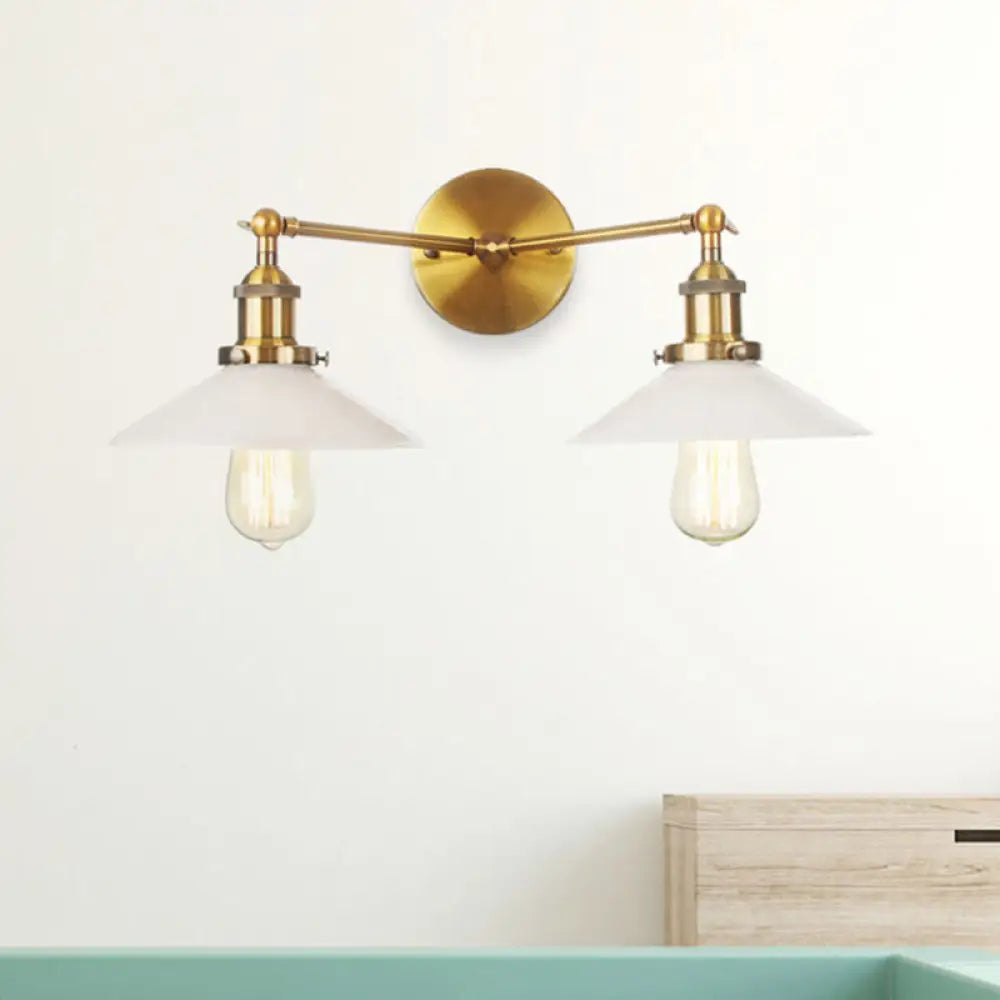 Vintage Cone Opal Glass Sconce Wall Hanging Light - 2 Lights - Bronze/Copper/Brass