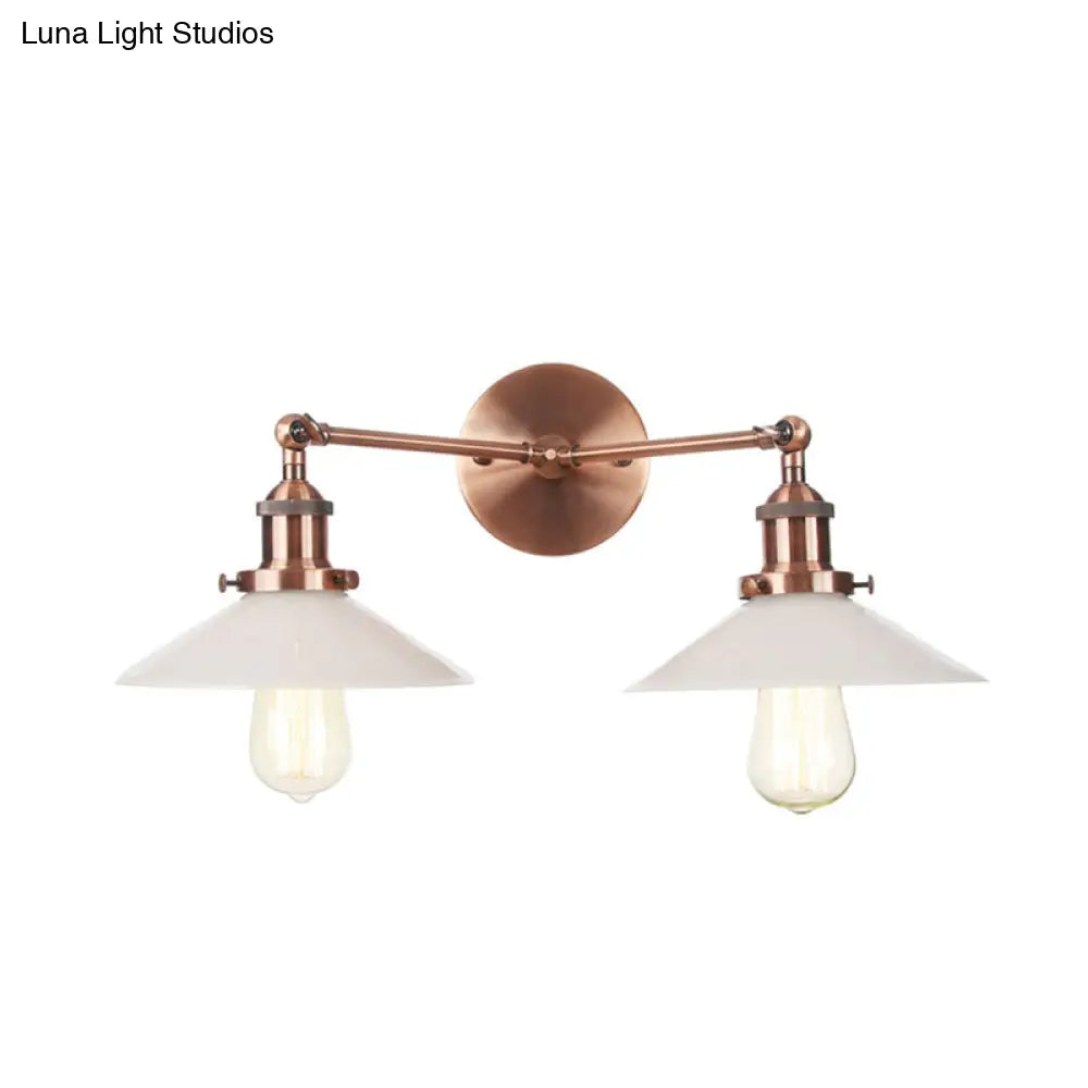 Vintage Cone Opal Glass Sconce Wall Hanging Light - 2 Lights - Bronze/Copper/Brass