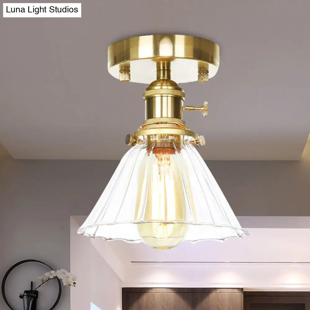 Vintage Cone Ruffle Glass Light Fixture with Clear/Amber Shade for Living Room