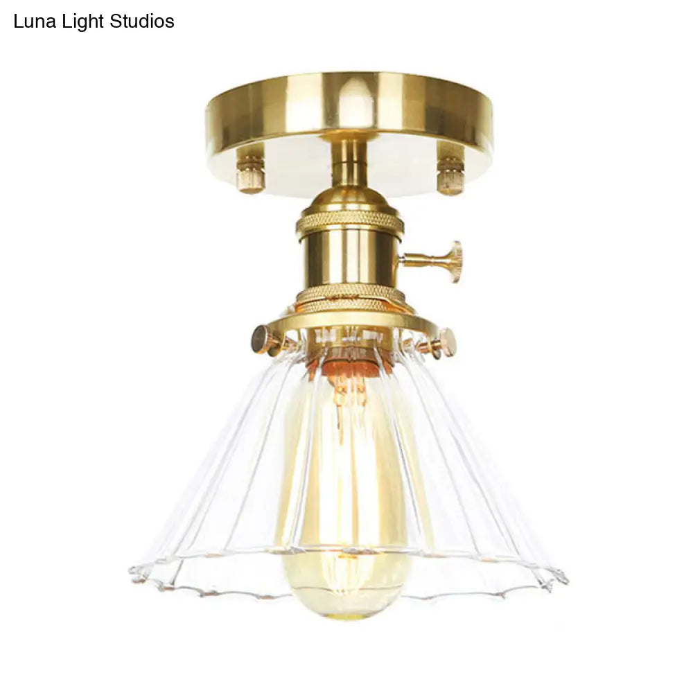 Vintage Cone Ruffle Glass Light Fixture with Clear/Amber Shade for Living Room