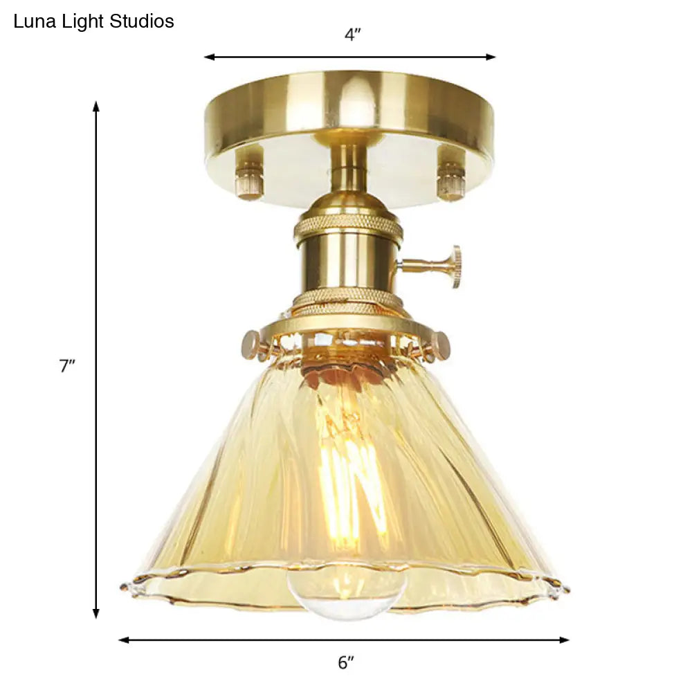 Vintage Cone Ruffle Glass Light Fixture with Clear/Amber Shade for Living Room