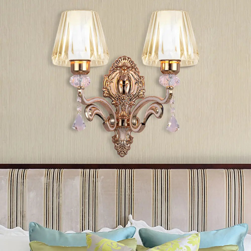 Vintage Cone Wall Lamp - Metal 2-Light Brass Sconce with Clear Glass Shade and Crystal Accent