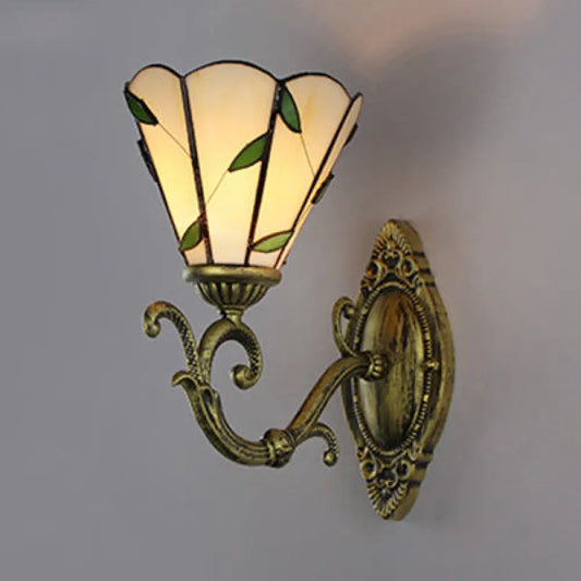 Vintage Conic Sconce Lamp: Stained Glass Wall Lighting in White/Green for Corridors