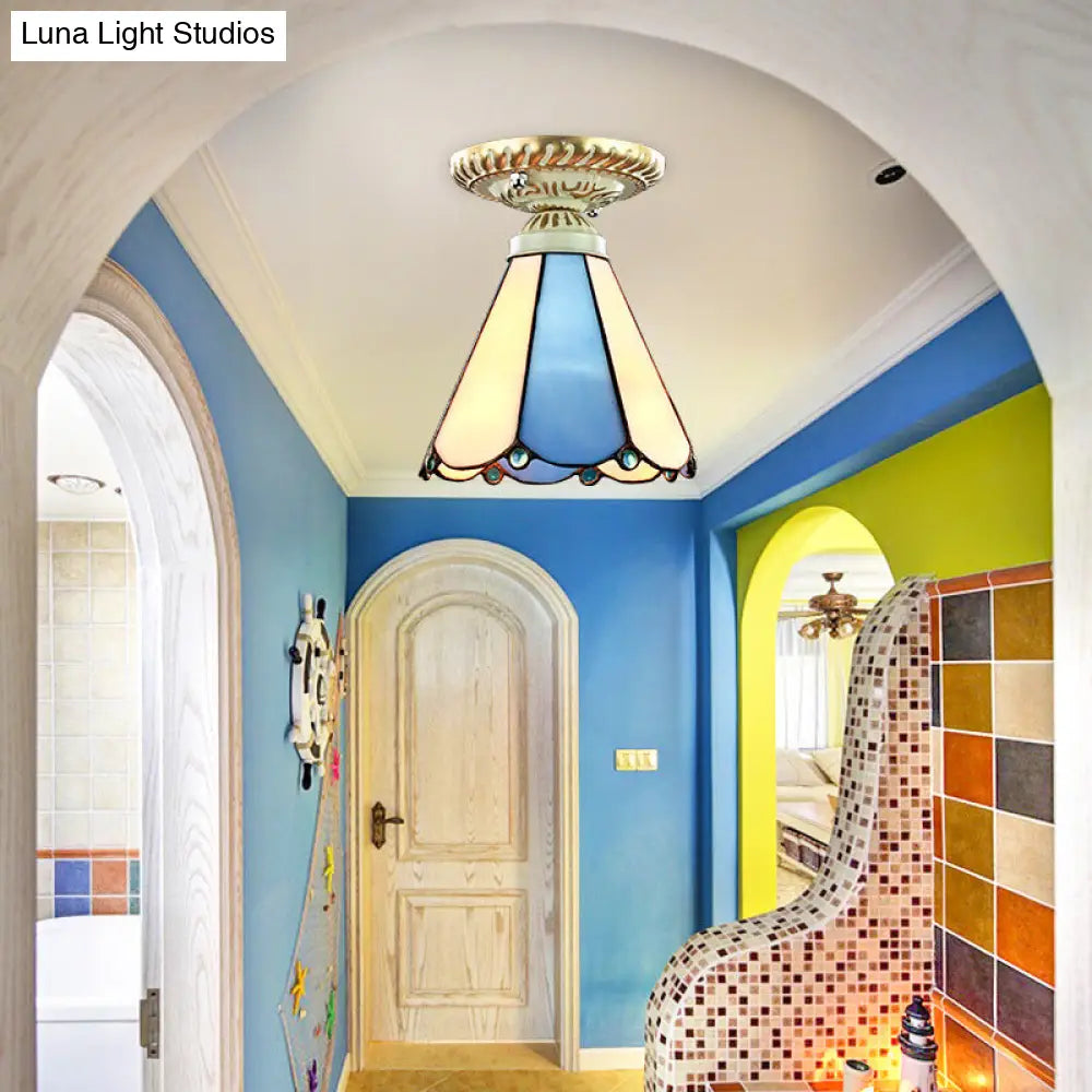 Vintage Conic Stained Glass Ceiling Light in Blue/Beige for Hallway
