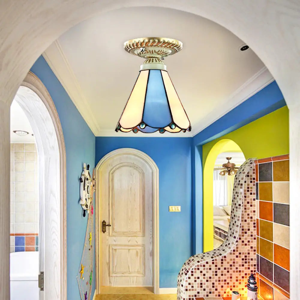 Vintage Conic Stained Glass Ceiling Light in Blue/Beige for Hallway