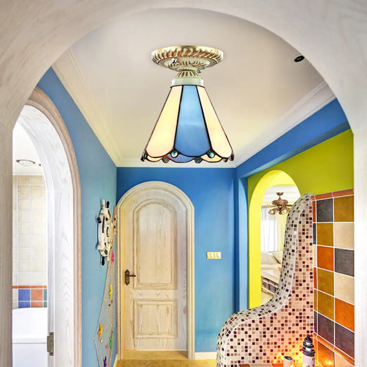 Vintage Conic Stained Glass Ceiling Light in Blue/Beige for Hallway