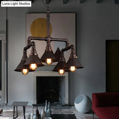 Vintage Conical Chandelier with 5 Metal Lights - Stylish Ceiling Fixture for Dining Room Décor, Rust Finish