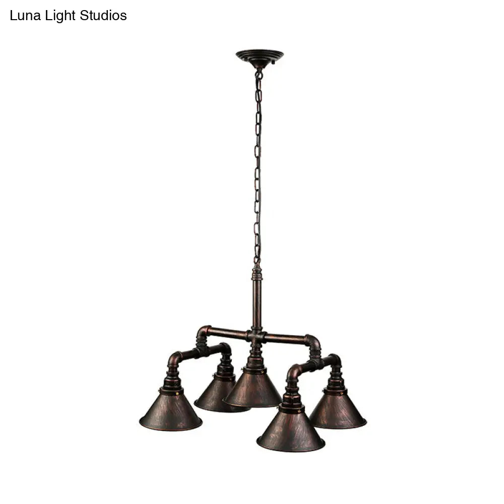 Vintage Conical Chandelier with 5 Metal Lights - Stylish Ceiling Fixture for Dining Room Décor, Rust Finish