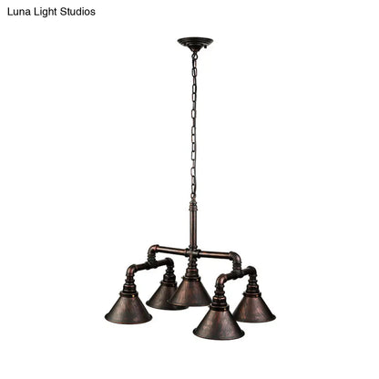 Vintage Conical Chandelier with 5 Metal Lights - Stylish Ceiling Fixture for Dining Room Décor, Rust Finish