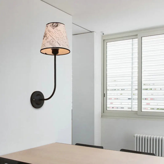 Vintage Conical Wall Lamp - Fabric and Metal Wall Mount with Curved Arm in White