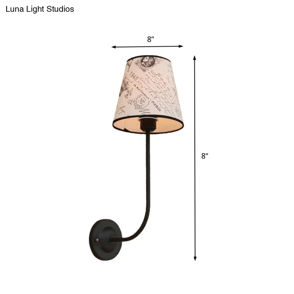 Vintage Conical Wall Lamp - Fabric and Metal Wall Mount with Curved Arm in White